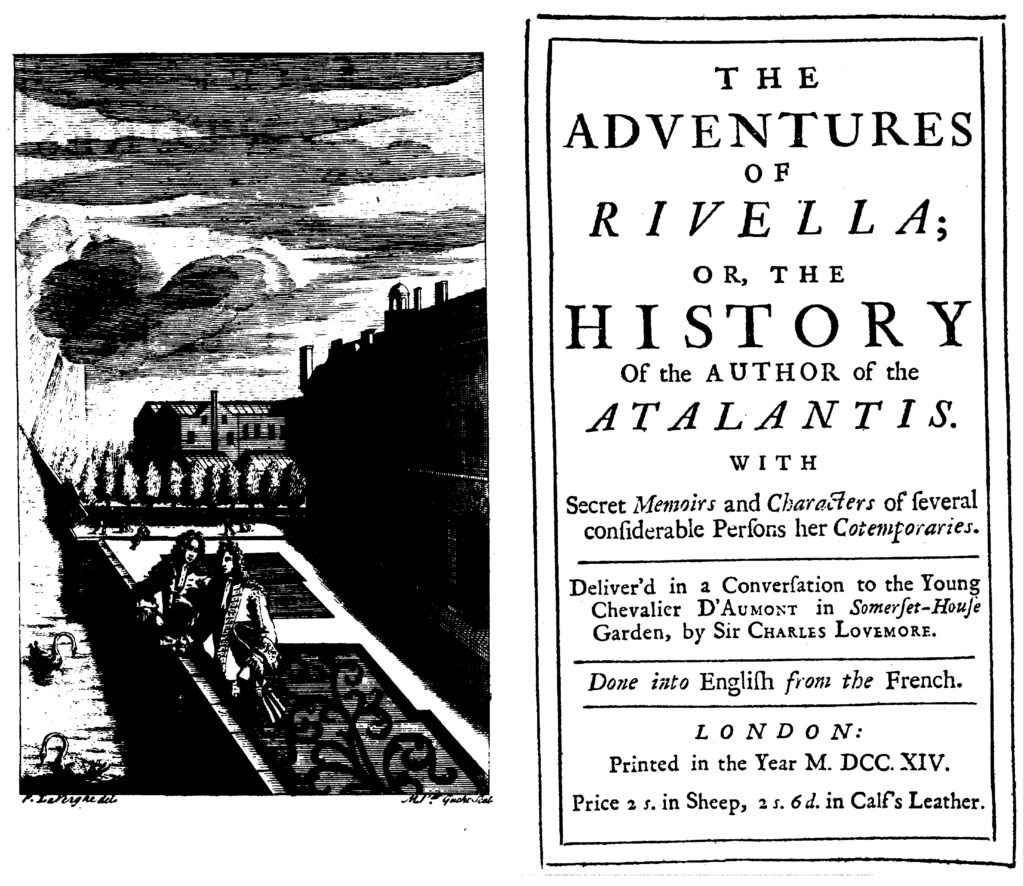 Frontispiece and title cover of Delarivier Manley's Adventures of Rivella