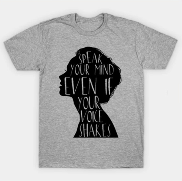 grey t-shirt with printed quotes by Maggie Kuhn