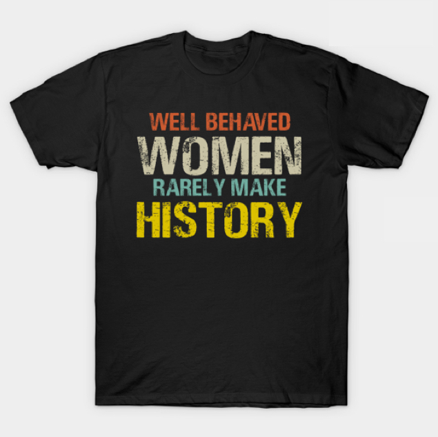 black t-shirt with printed feminist quotes