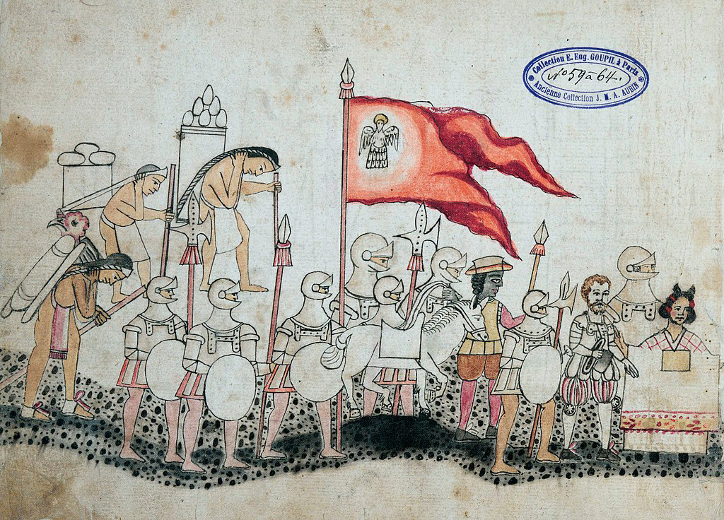 early 16th-century indigenous pictorial manuscript of the conquest of Mexico showing Codex Azcatitlan, Hernán Cortés, and Malinche (far right)