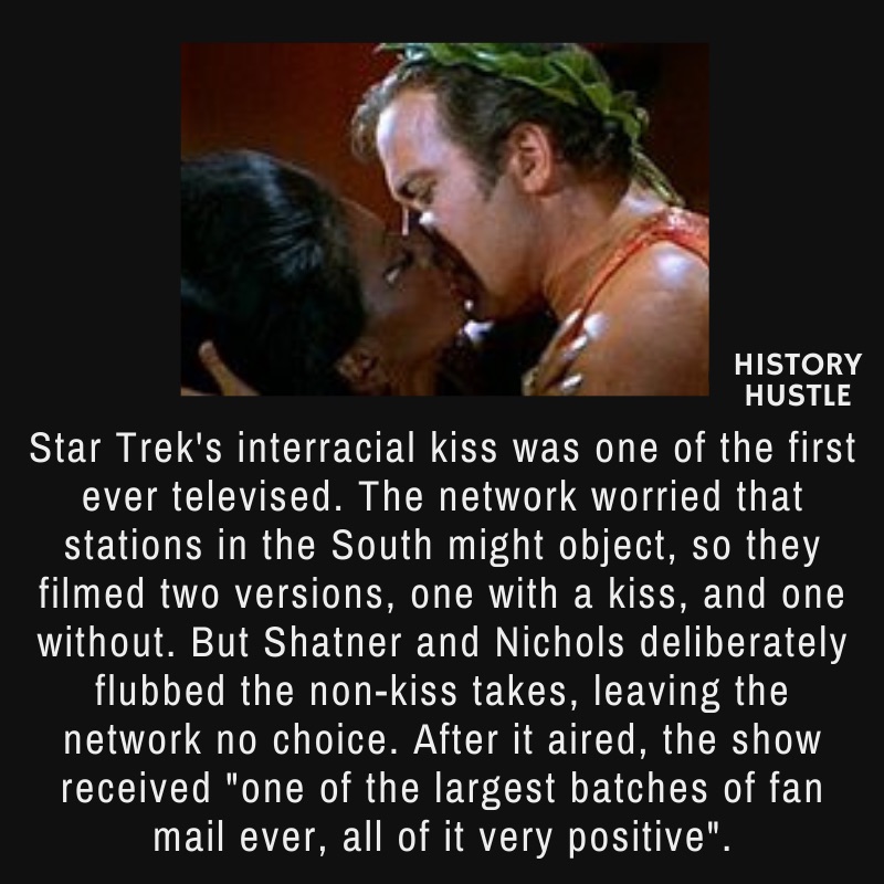 picture of Star Trek's 1968 interracial kiss, with write up about the first interracial kiss.