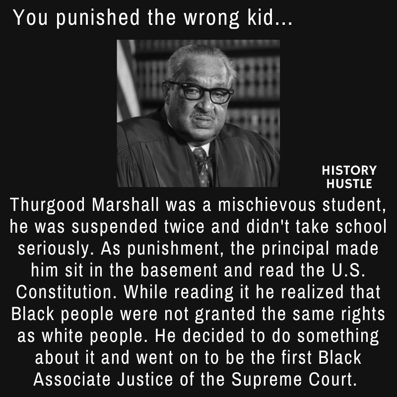 picture of Thurgood Marshall with write up about his journey to the Supreme Court, as part of Black History facts