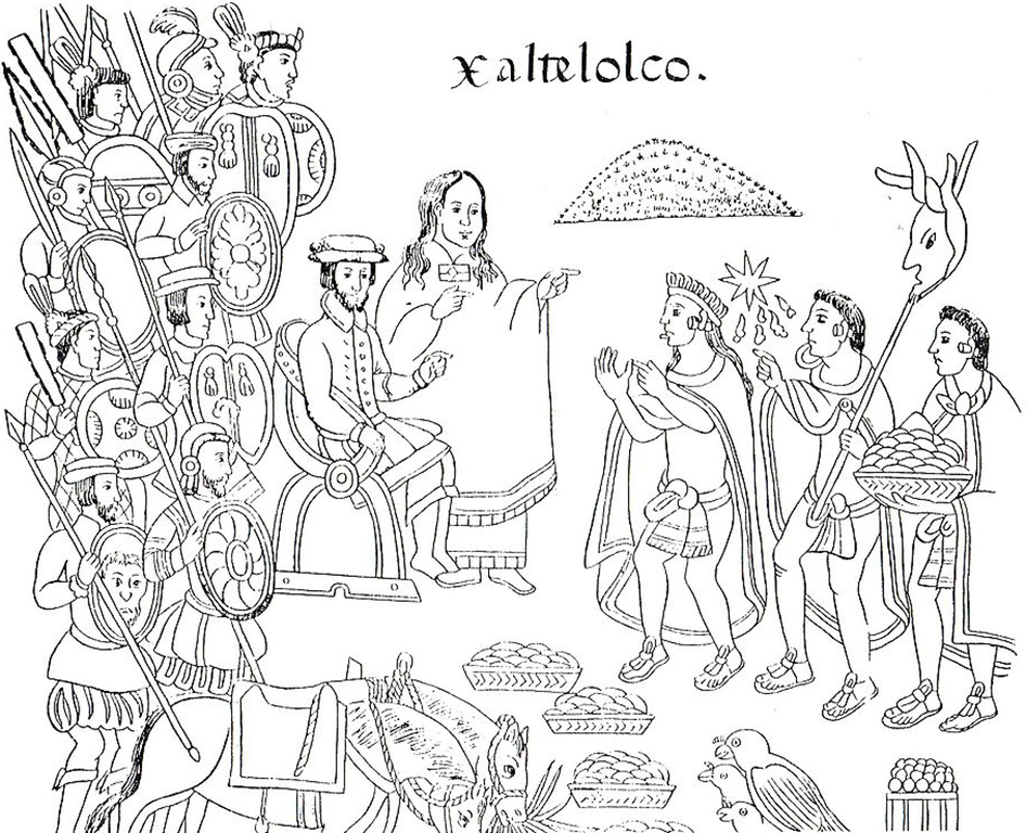 16th-century drawing showing La Malinche and Hernán Cortés in the city of Xaltelolco