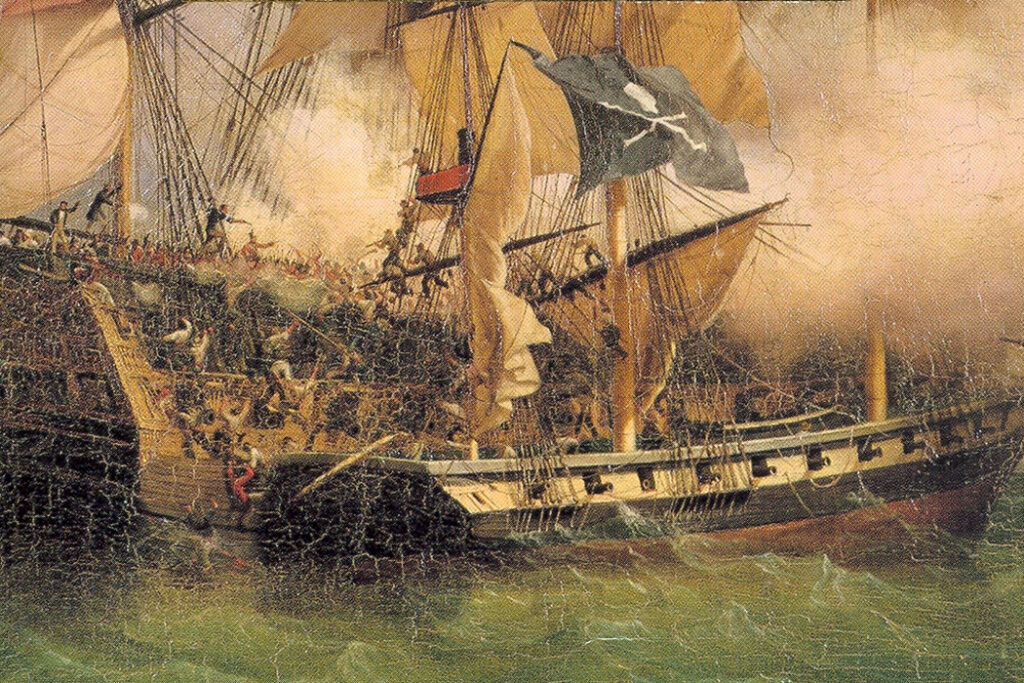 painting of pirate ship attacking a merchants' ship