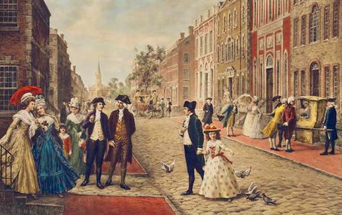 Alexander Hamilton and Philip Schuyler strolling on Wall Street, New York 1790