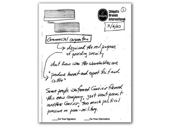 a piece of handwritten document - one of several documents obtained by the National Security Archive showing Chiquita's payments to terrorist groups in Colombia