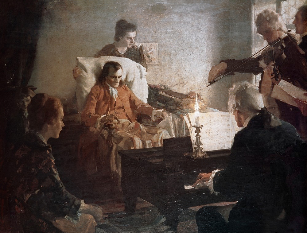 painting depicting The Death of Mozart by Cha. E. Chambers