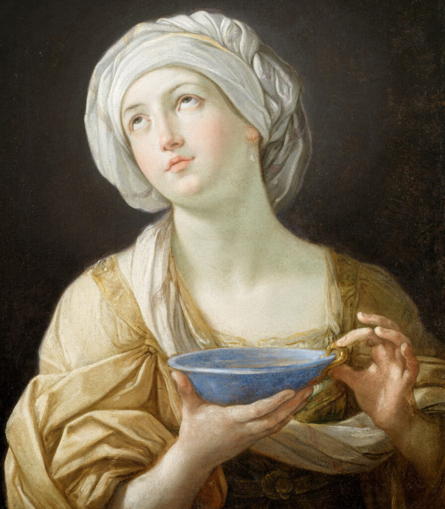 painting of a woman holding a blue ceramic bowl, representing what might a client of Guila Tofana do