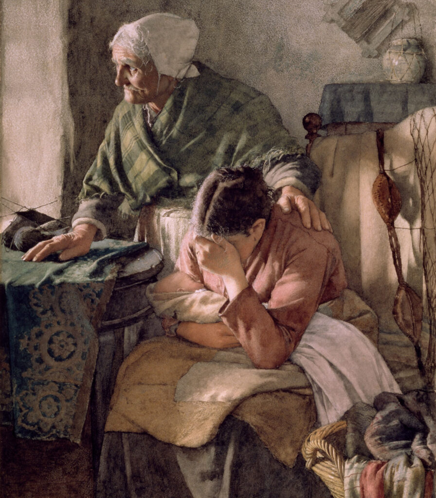 painting of an old lady consoling her young daughter with a new born