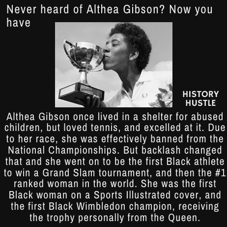 Image of Althea Gibson kissing her Grand Slam tournament trophy with history facts by History Hustle