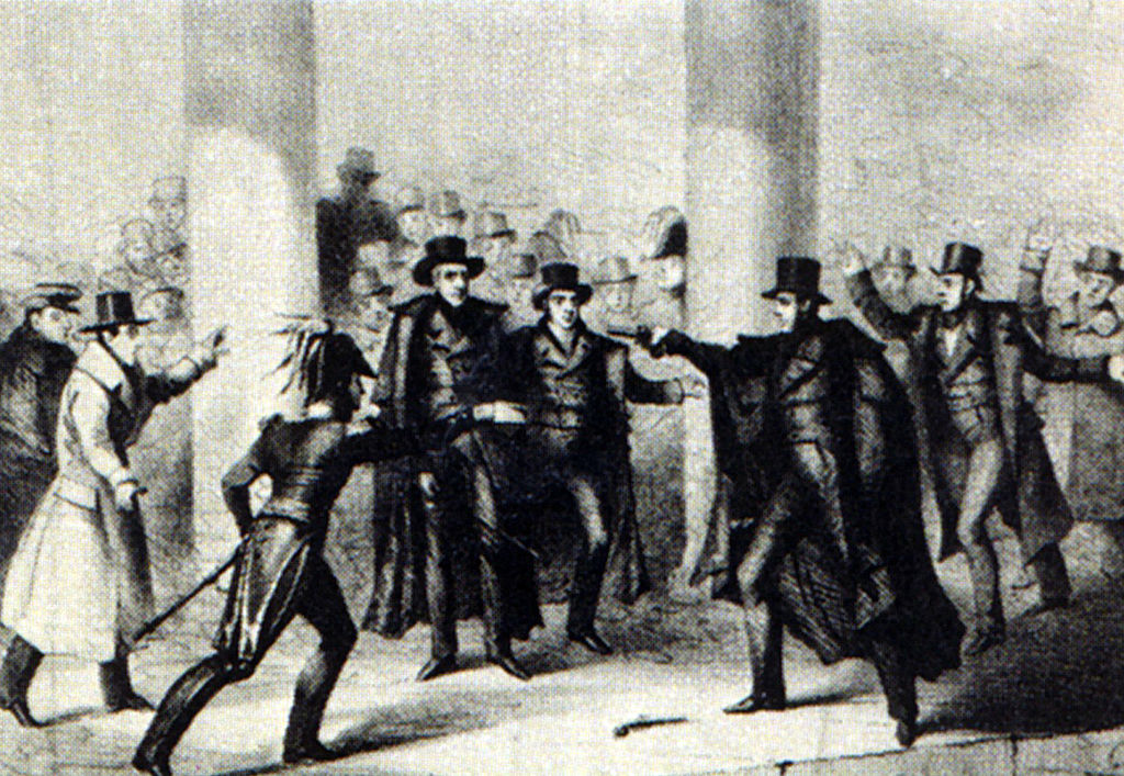 The etching of the 1835 assassination attempt of Andrew Jackson